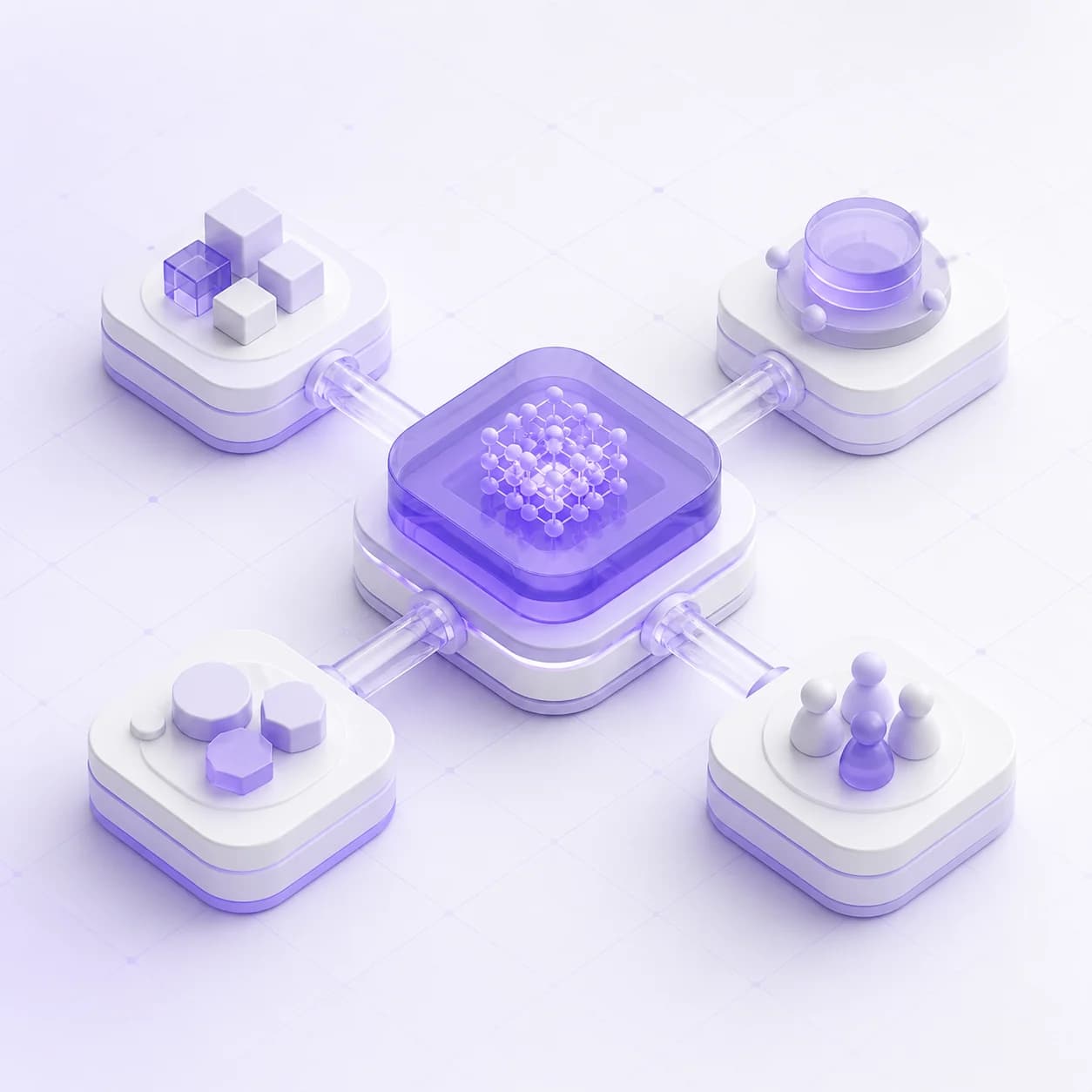Abstract modules connected around a central AI workspace core.